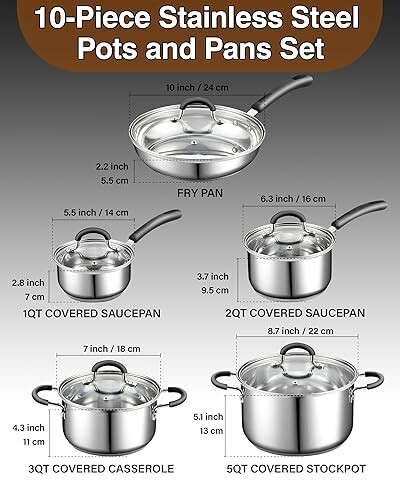 10-piece stainless steel pots and pans set with measurements.