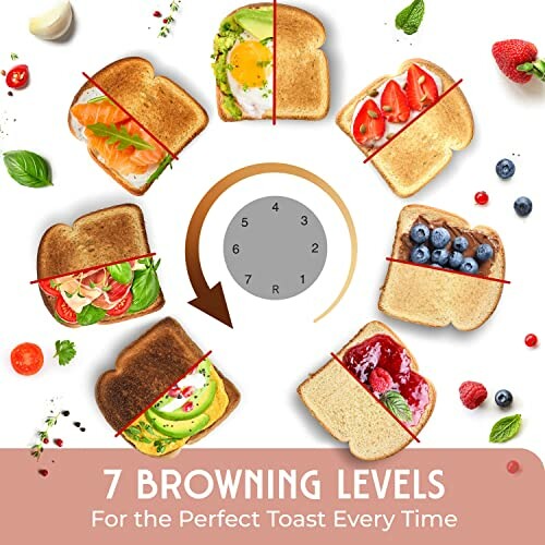 Diagram of 7 toast browning levels with various toppings.