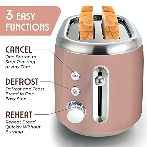 Pink toaster with cancel, defrost, and reheat functions.