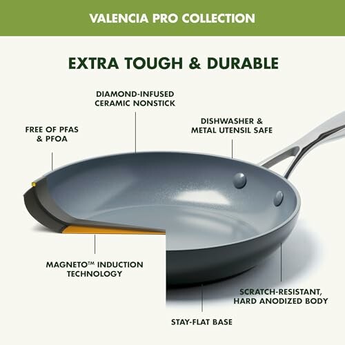 Valencia Pro nonstick pan with features highlighted.