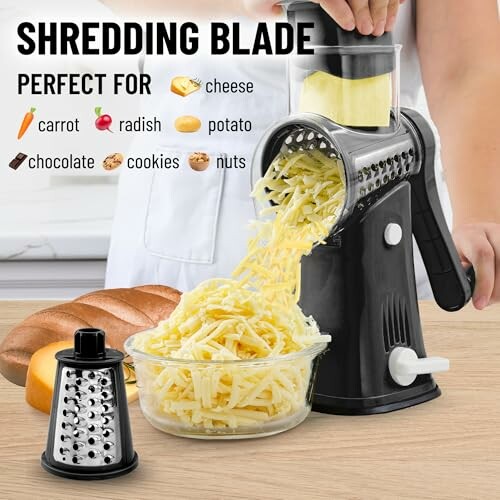 Manual shredder with cheese, bread, and vegetables.