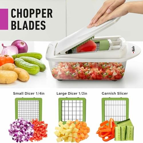 Hand using vegetable chopper with various blades and diced vegetables.