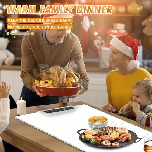 Family enjoying a warm dinner with turkey and festive decorations.